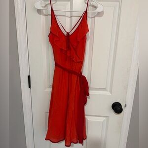 Anthropologie Girls From Savoy Silk Red Wrap Dress Ruffle Tie Waist 100% Silk